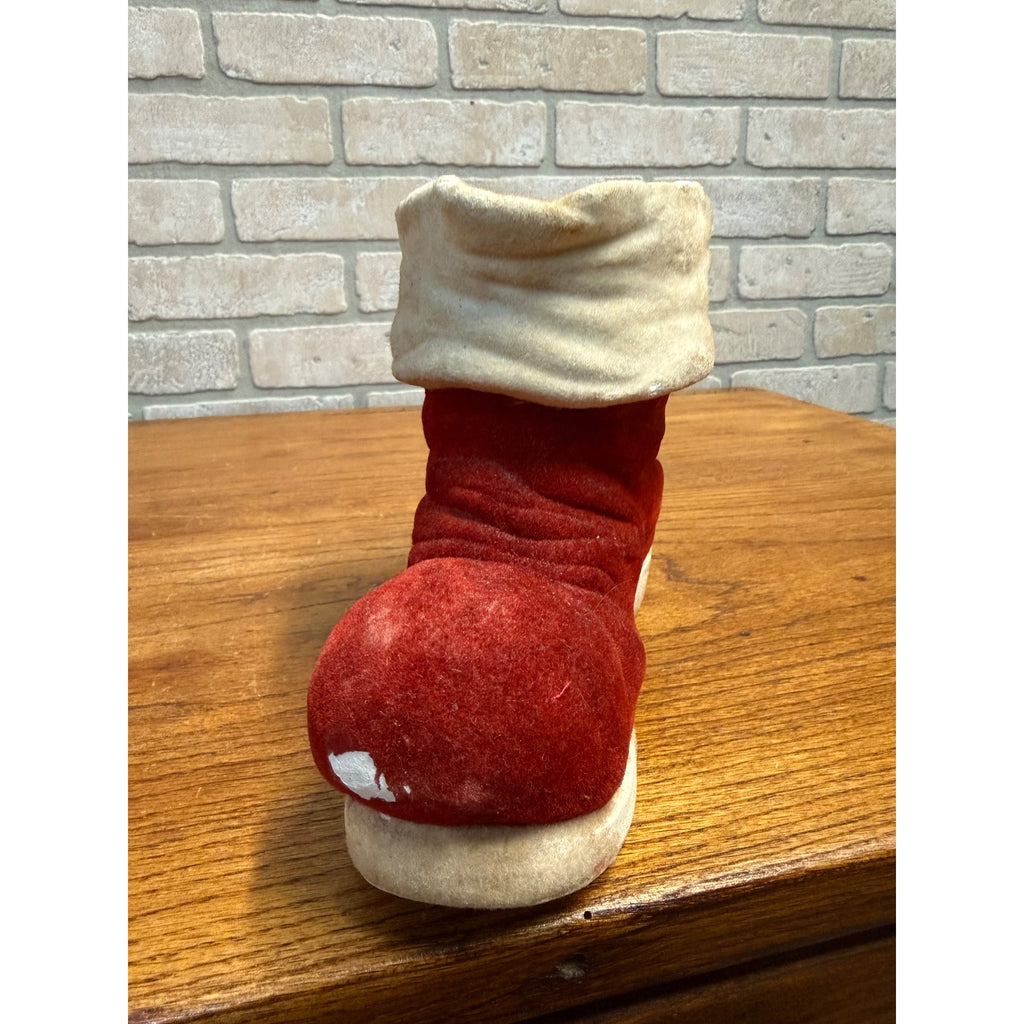 Vintage 1950s Christmas Santa's Boot Chalkware Flocked Planter Candy Container