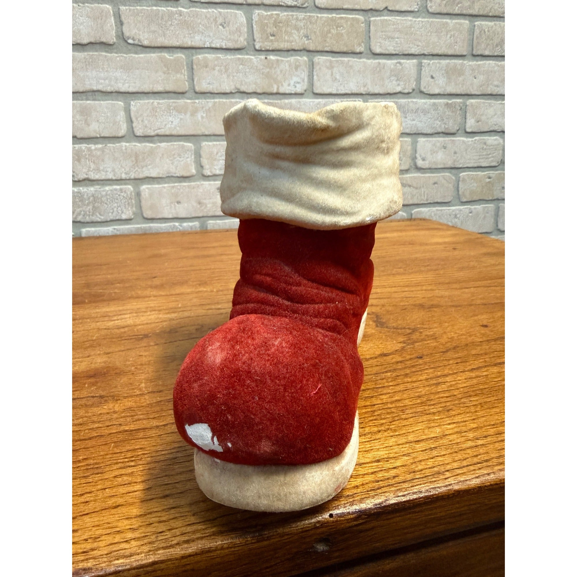 Vintage 1950s Christmas Santa's Boot Chalkware Flocked Planter Candy Container