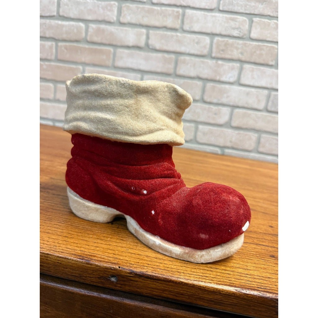 Vintage 1950s Christmas Santa's Boot Chalkware Flocked Planter Candy Container