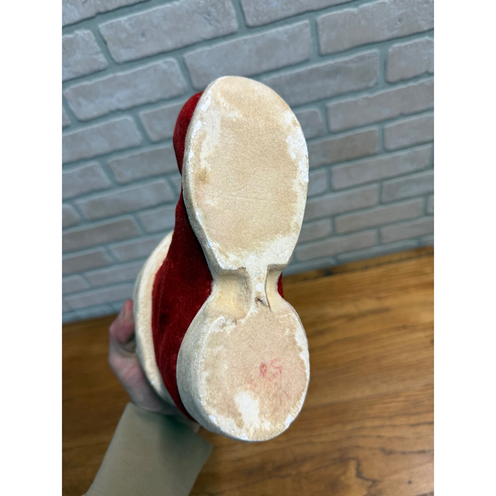 Vintage 1950s Christmas Santa's Boot Chalkware Flocked Planter Candy Container