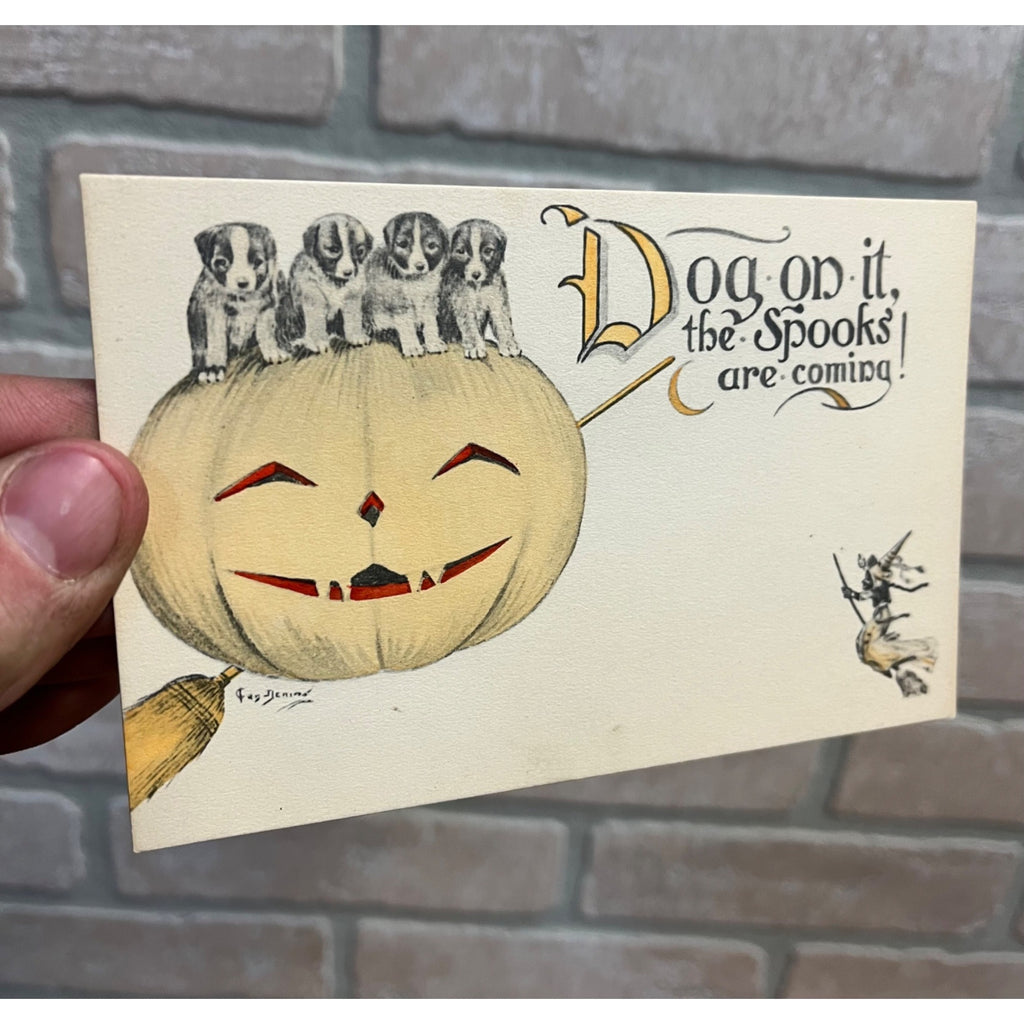 RARE Vintage Halloween Postcard Dogs On it Spook Puppies Signed Clen Dening