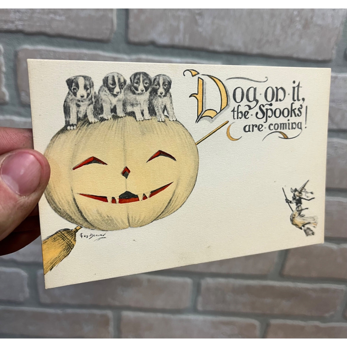RARE Vintage Halloween Postcard Dogs On it Spook Puppies Signed Clen Dening