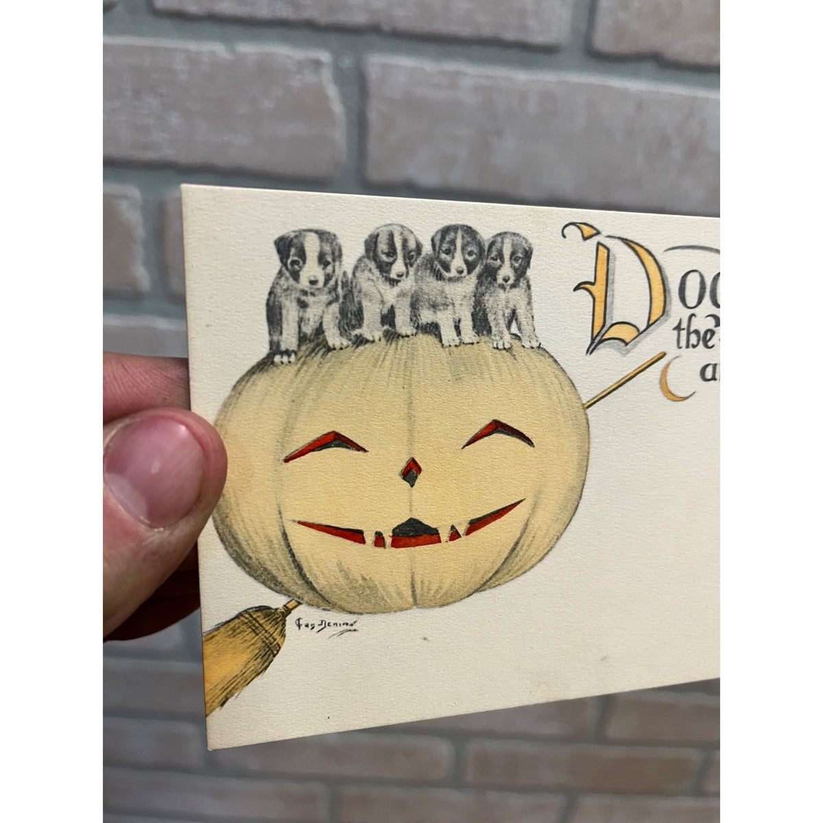 RARE Vintage Halloween Postcard Dogs On it Spook Puppies Signed Clen Dening