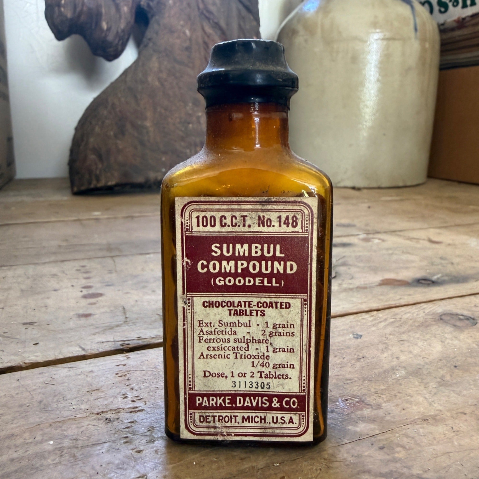 Antique Parke Davis Sumbul Compound No 148 Bottle Amber Glass Drug Store Jar