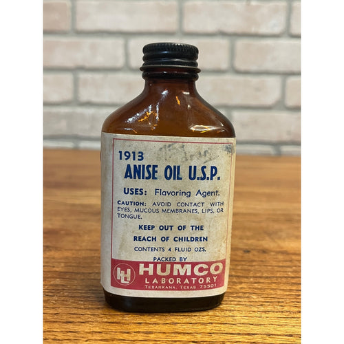 Vintage HUMCO Anise Oil U.S.P. Amber Pharmacy Drug Store Bottle w/ Label 4 oz