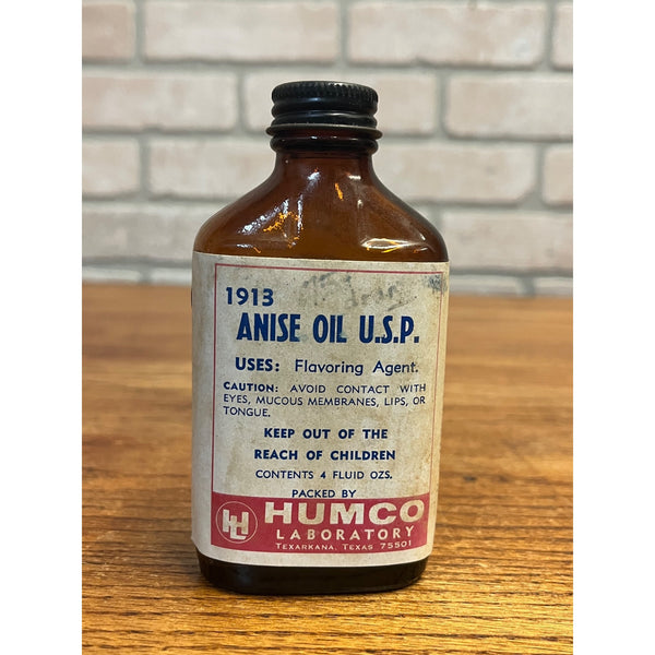 Vintage HUMCO Anise Oil U.S.P. Amber Pharmacy Drug Store Bottle w/ Label 4 oz