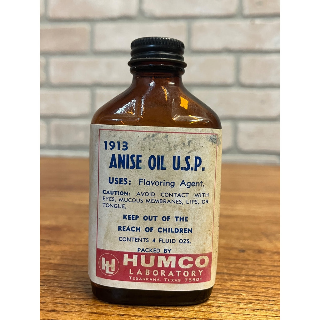 Vintage HUMCO Anise Oil U.S.P. Amber Pharmacy Drug Store Bottle w/ Label 4 oz