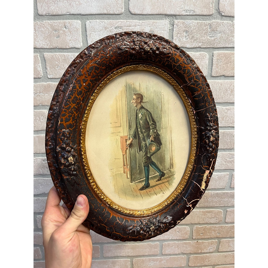 Antique 1890s Victorian Orante Wood Frame Litho Ichabod Crane Sleepy Hollow
