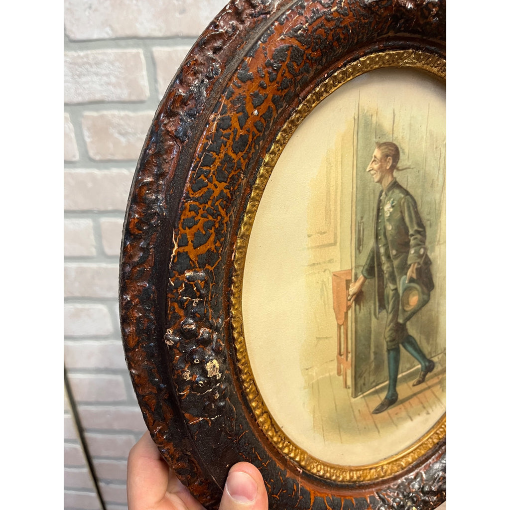 Antique 1890s Victorian Orante Wood Frame Litho Ichabod Crane Sleepy Hollow