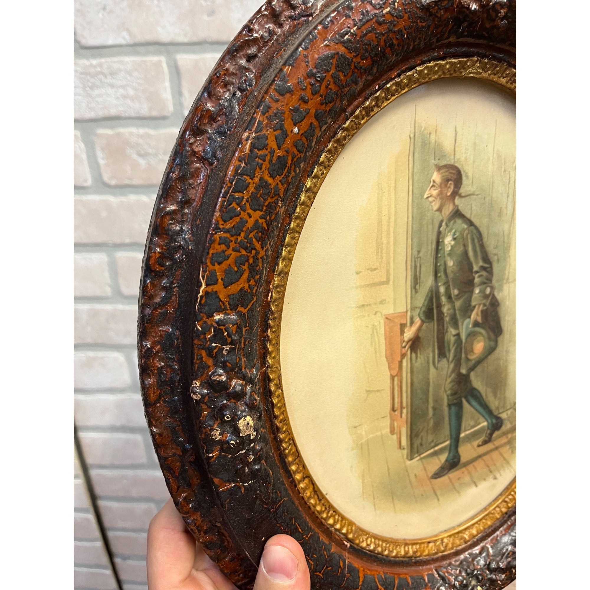 Antique 1890s Victorian Orante Wood Frame Litho Ichabod Crane Sleepy Hollow
