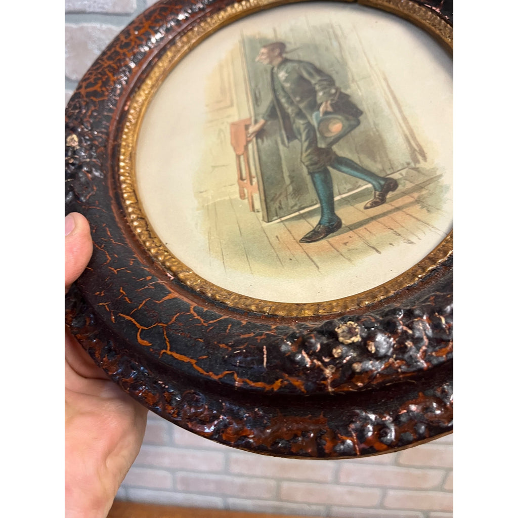 Antique 1890s Victorian Orante Wood Frame Litho Ichabod Crane Sleepy Hollow