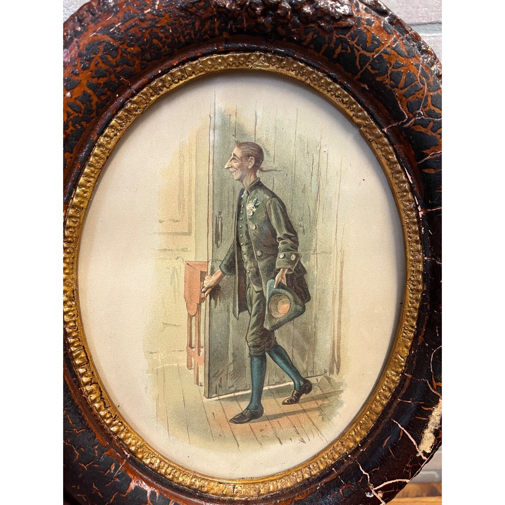 Antique 1890s Victorian Orante Wood Frame Litho Ichabod Crane Sleepy Hollow