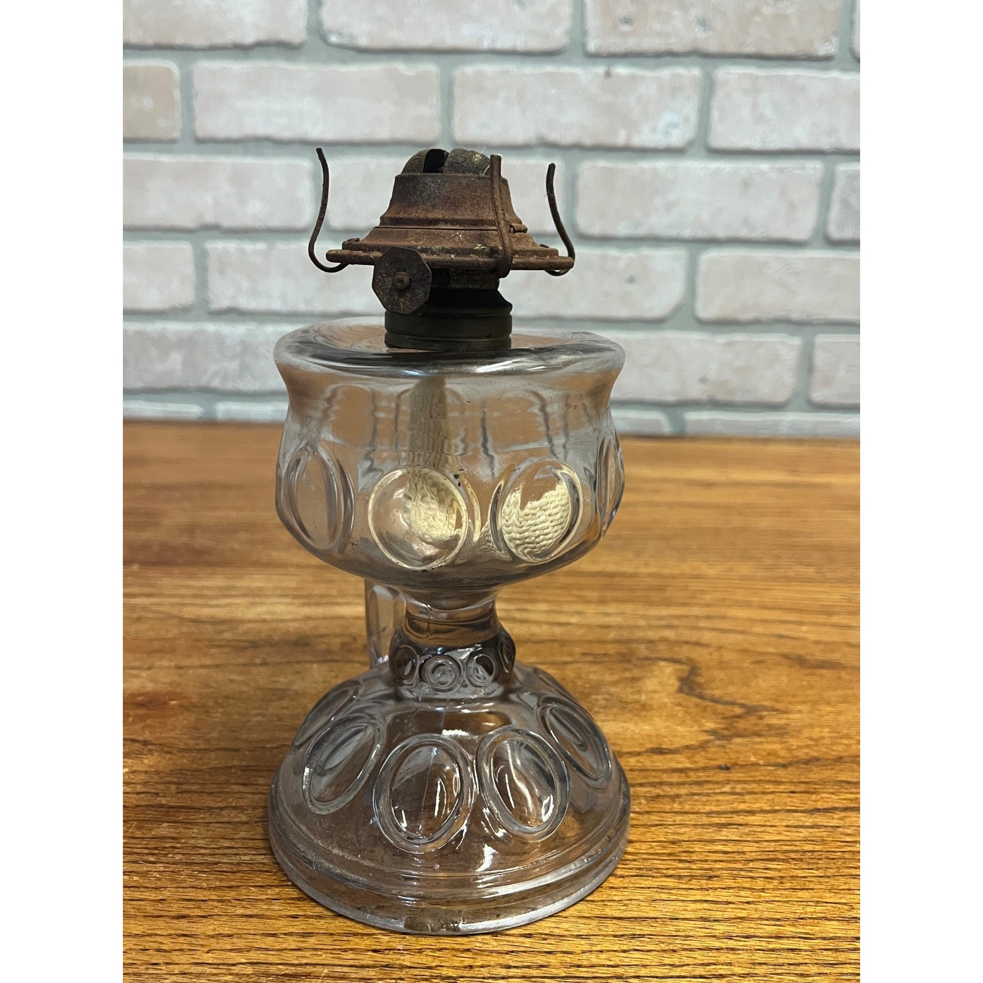 Antique 1890s Bullseye Footed Hand Loop Handle Finger Oil Lamp EAPG