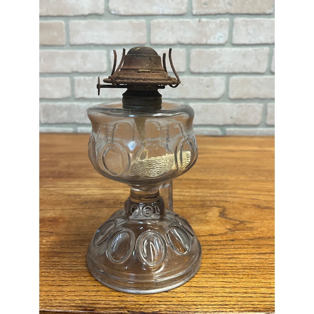 Antique 1890s Bullseye Footed Hand Loop Handle Finger Oil Lamp EAPG