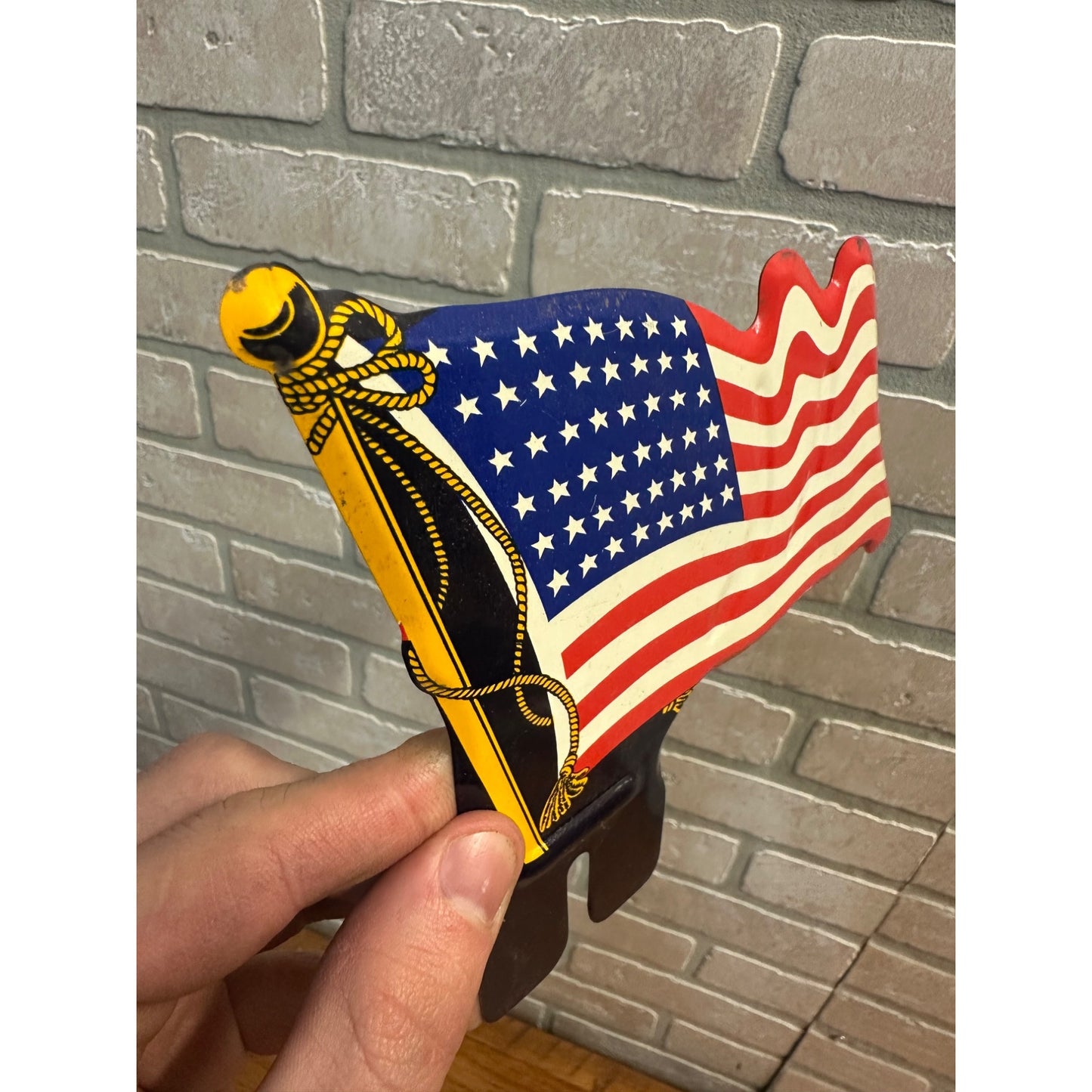 Original 48 Star Flag Tin Litho License Plate Topper Auto Very Clean