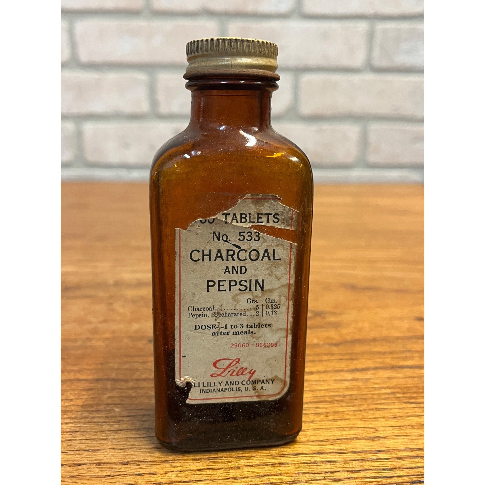 Vintage Charcoal and Pepsin Apothecary Brown Amber Bottle Lilly
