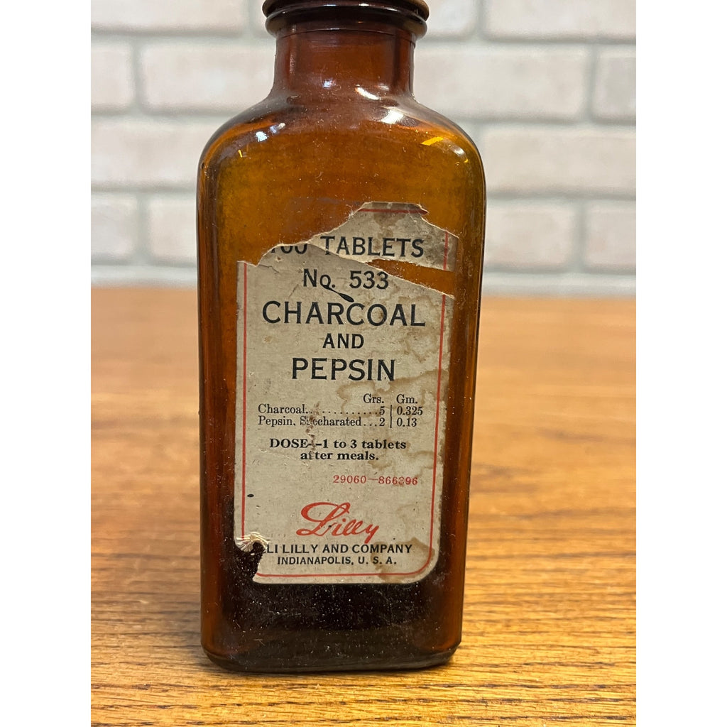 Vintage Charcoal and Pepsin Apothecary Brown Amber Bottle Lilly