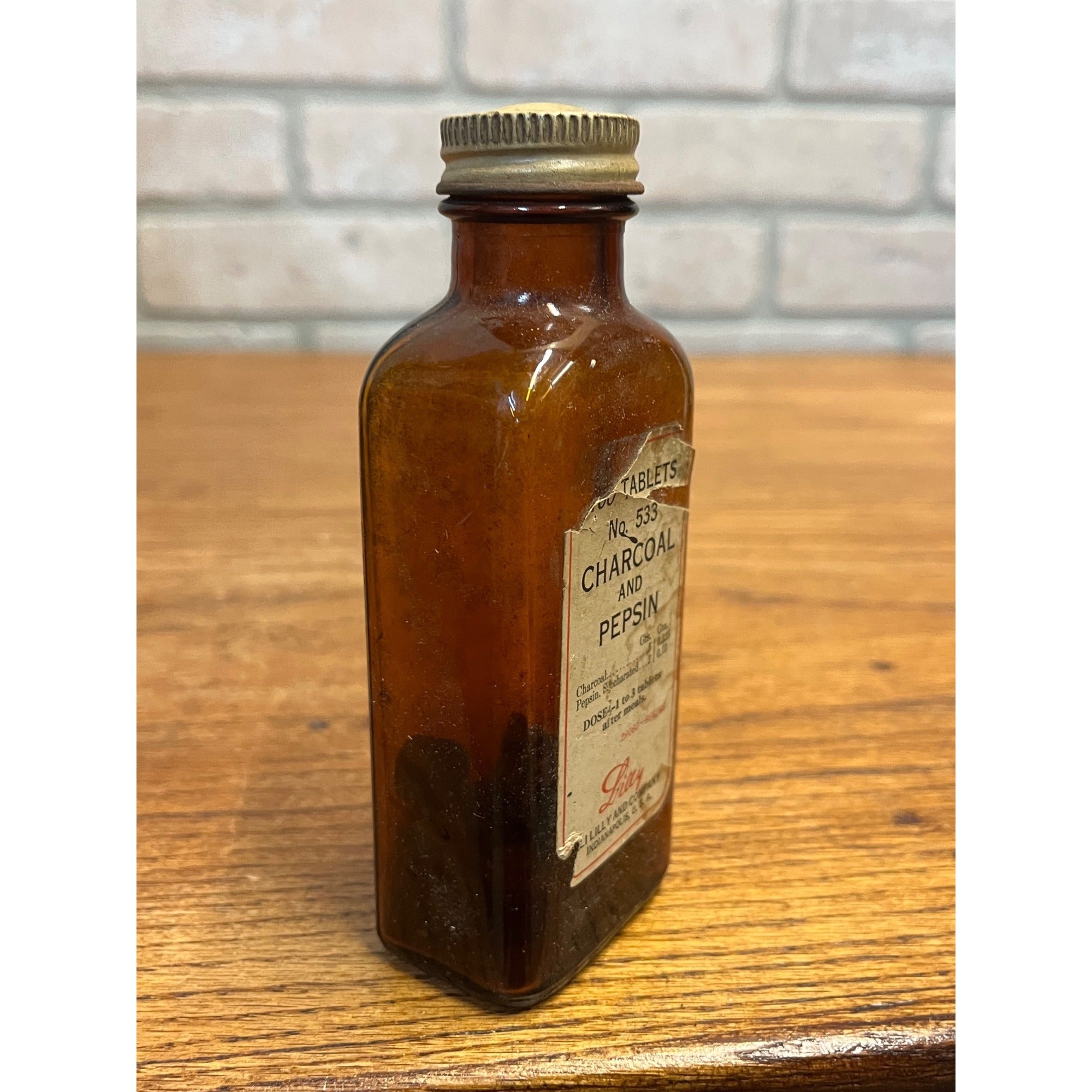Vintage Charcoal and Pepsin Apothecary Brown Amber Bottle Lilly