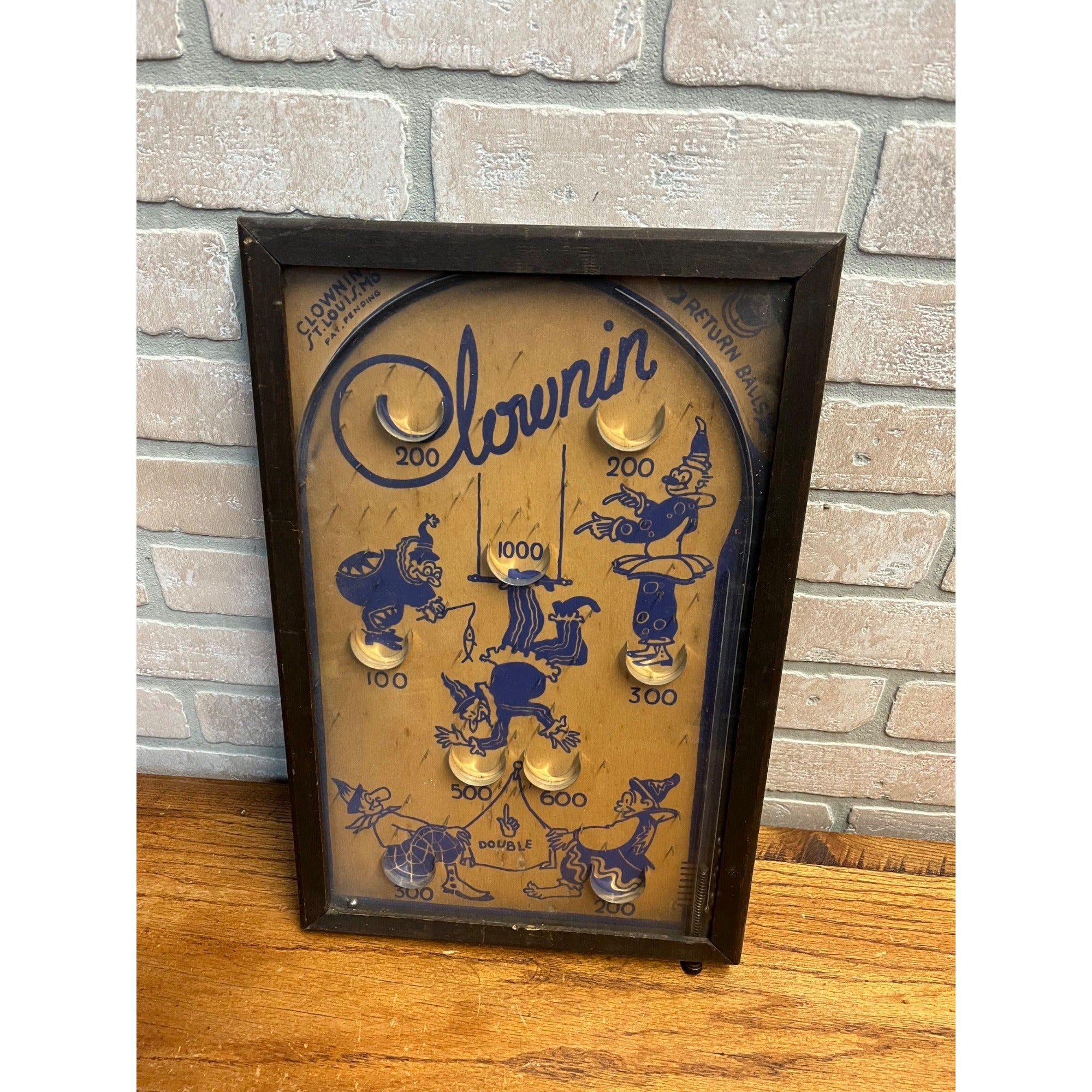 Vintage 1930s Clownin Marble Pinball Table Top Game Wood Frame St Louis