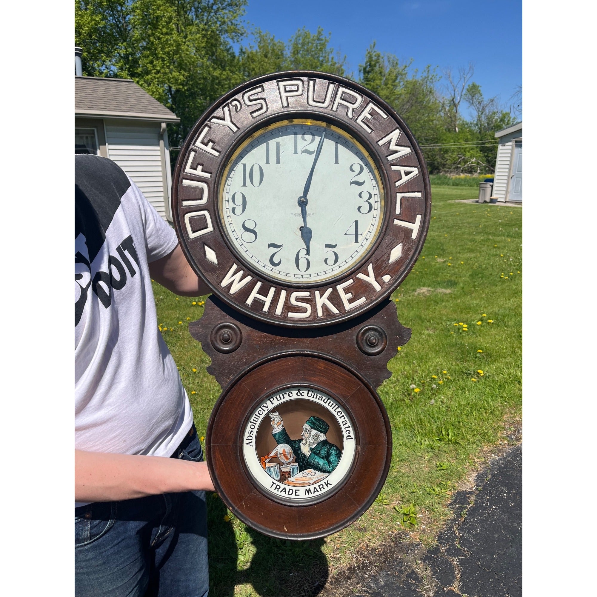 Original 1920s Duffys Malt Whiskey Advertising Wall Clock Sign New Haven Vintage