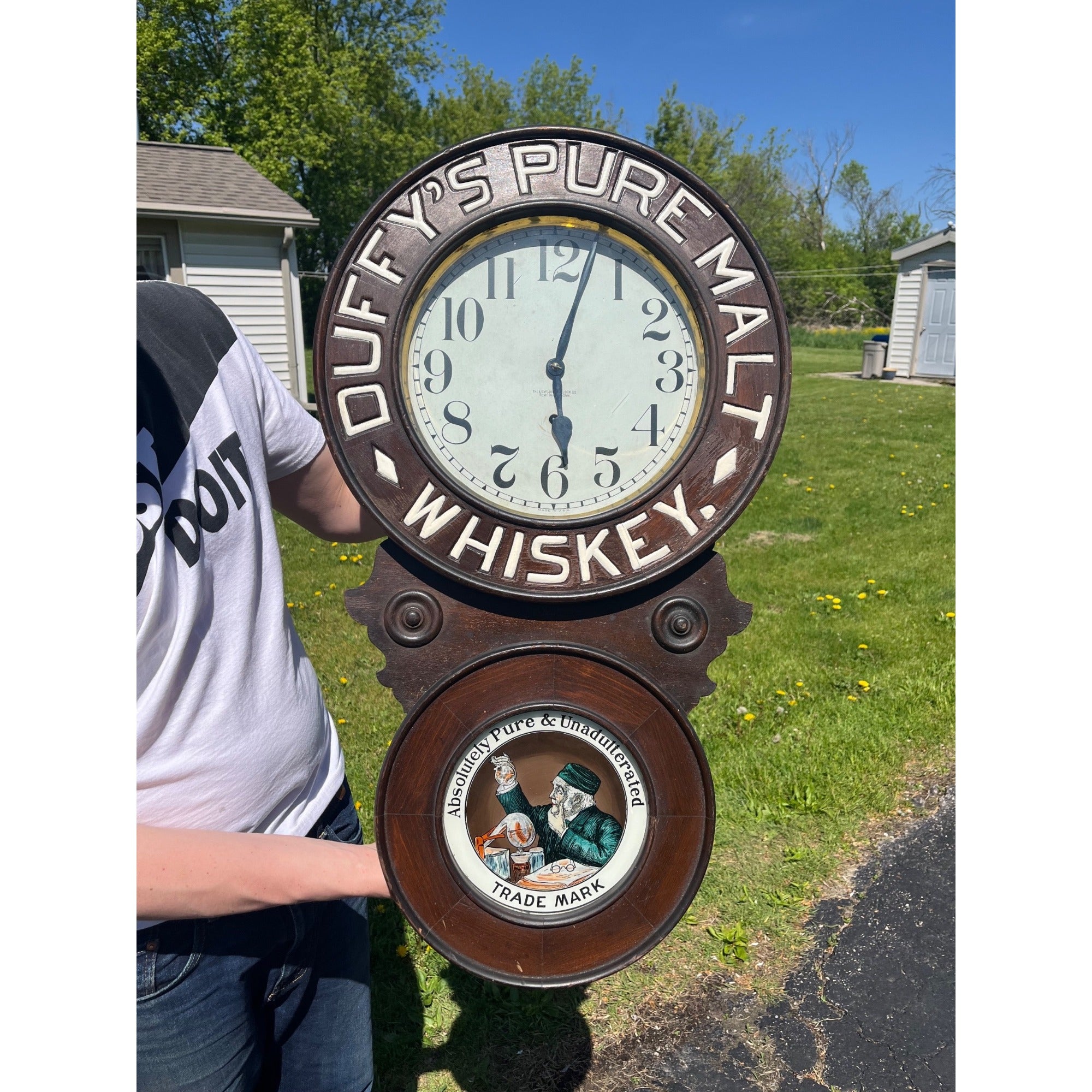 Original 1920s Duffys Malt Whiskey Advertising Wall Clock Sign New Haven Vintage