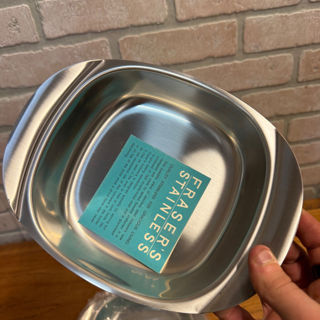 Vintage Fraser's Stainless Steel Holloware Handled Serving Dish Set Swedish Craftsmanship MCM Design NOS