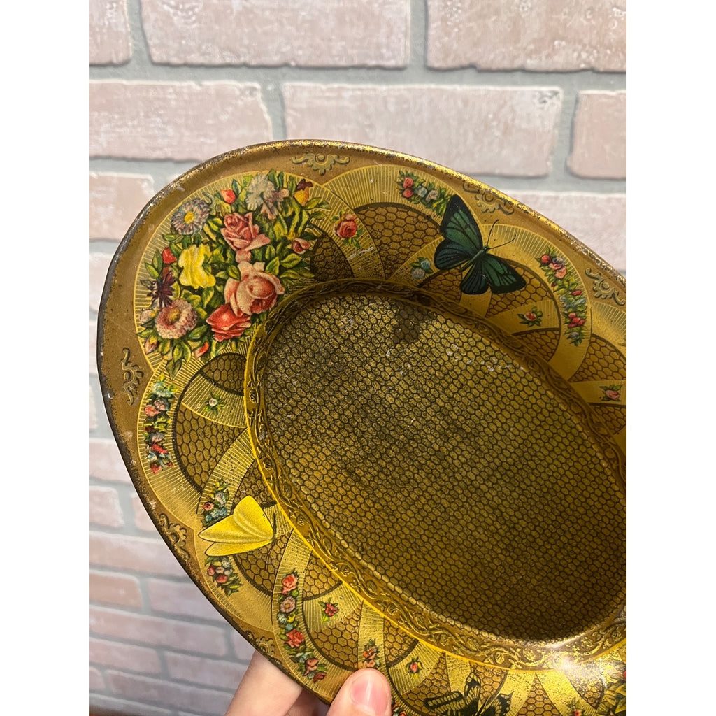 Antique Victorian Tin Litho Oval Metal Tray Butterflies Flowers Floral 1900s