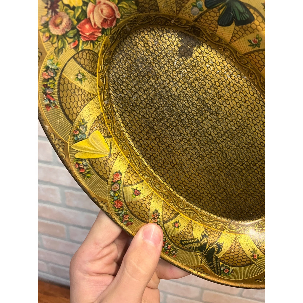 Antique Victorian Tin Litho Oval Metal Tray Butterflies Flowers Floral 1900s