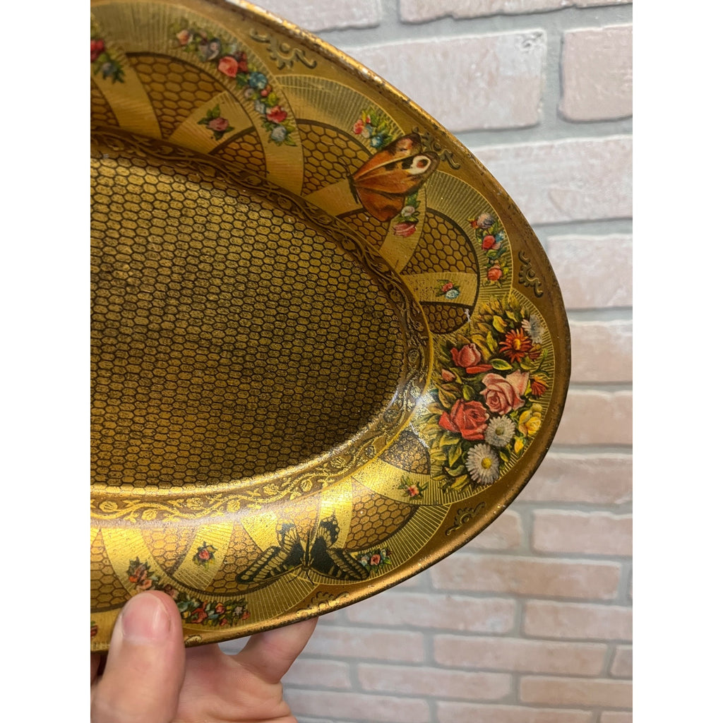 Antique Victorian Tin Litho Oval Metal Tray Butterflies Flowers Floral 1900s