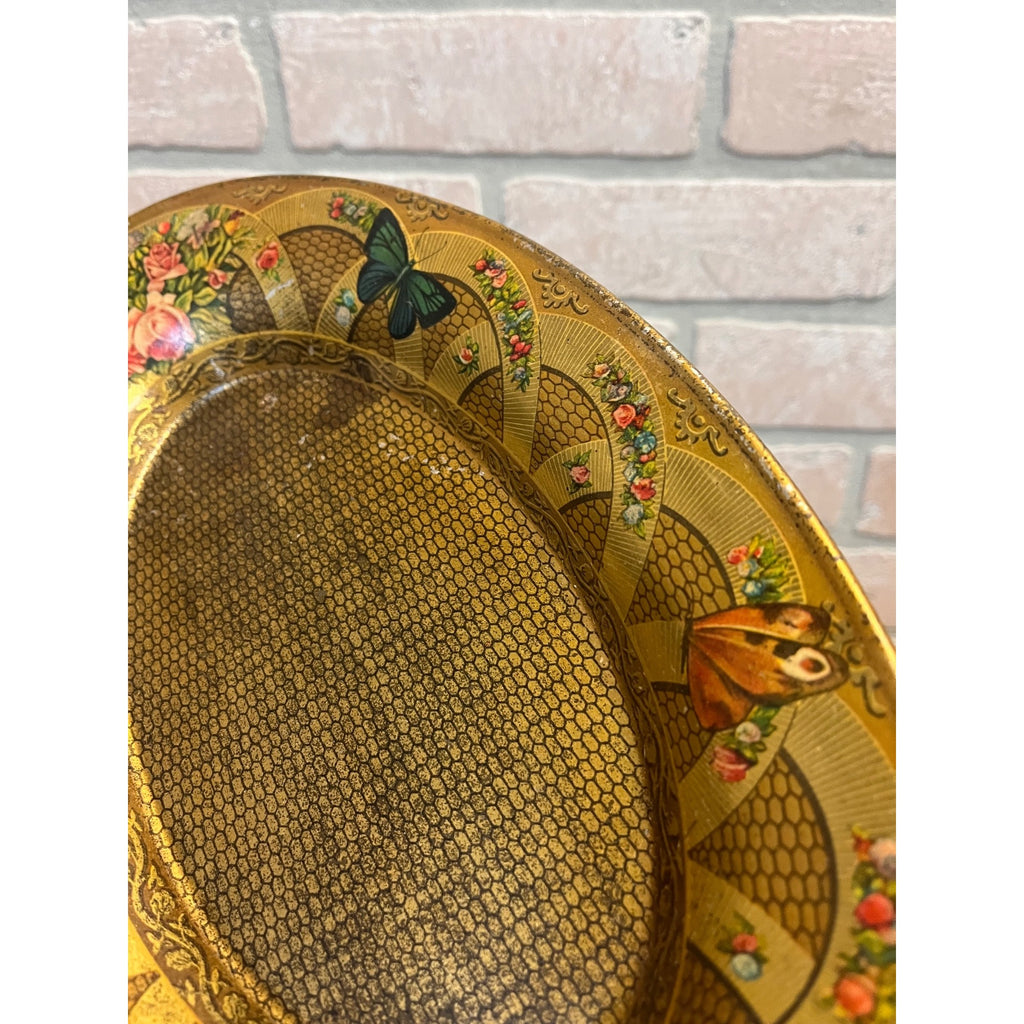 Antique Victorian Tin Litho Oval Metal Tray Butterflies Flowers Floral 1900s