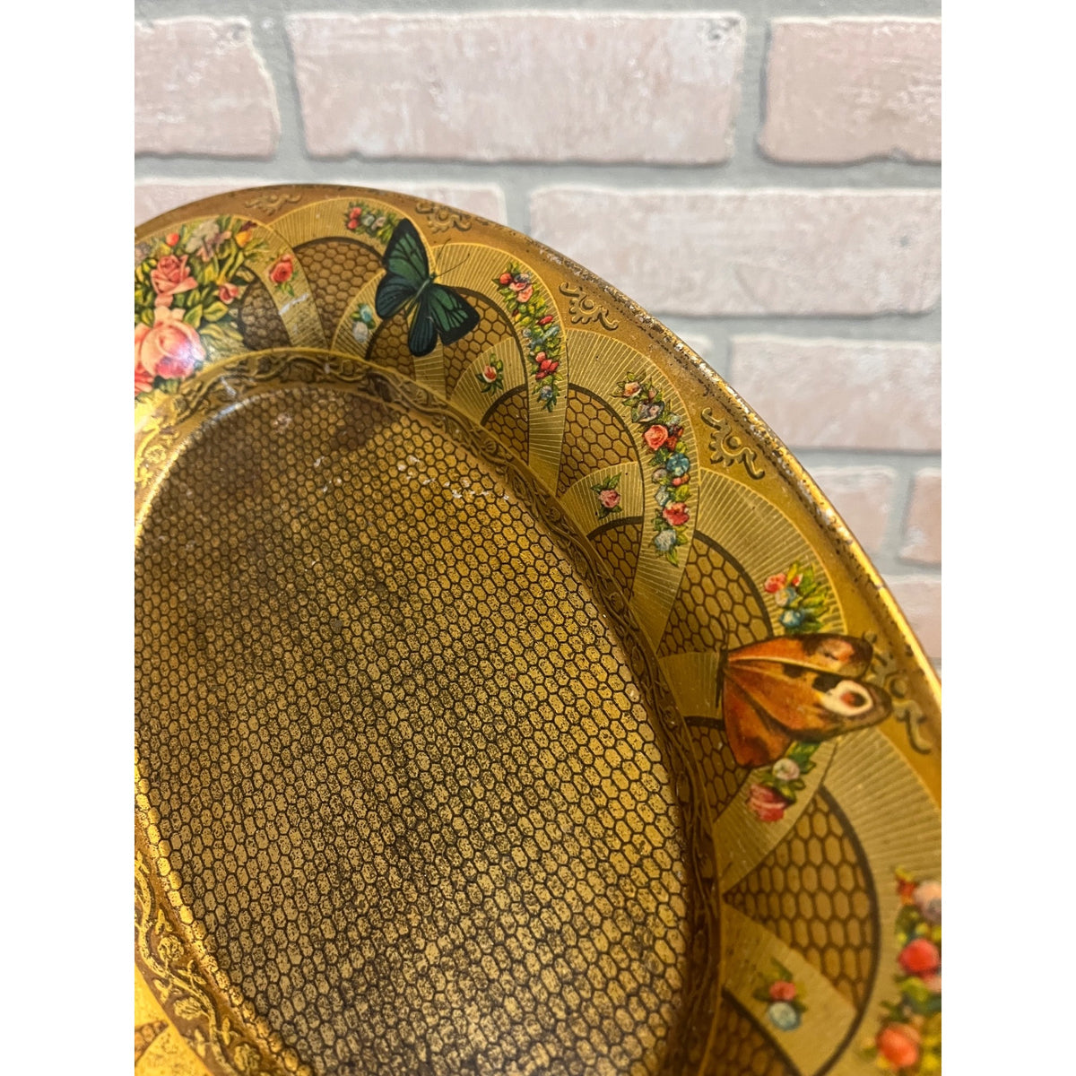 Antique Victorian Tin Litho Oval Metal Tray Butterflies Flowers Floral 1900s