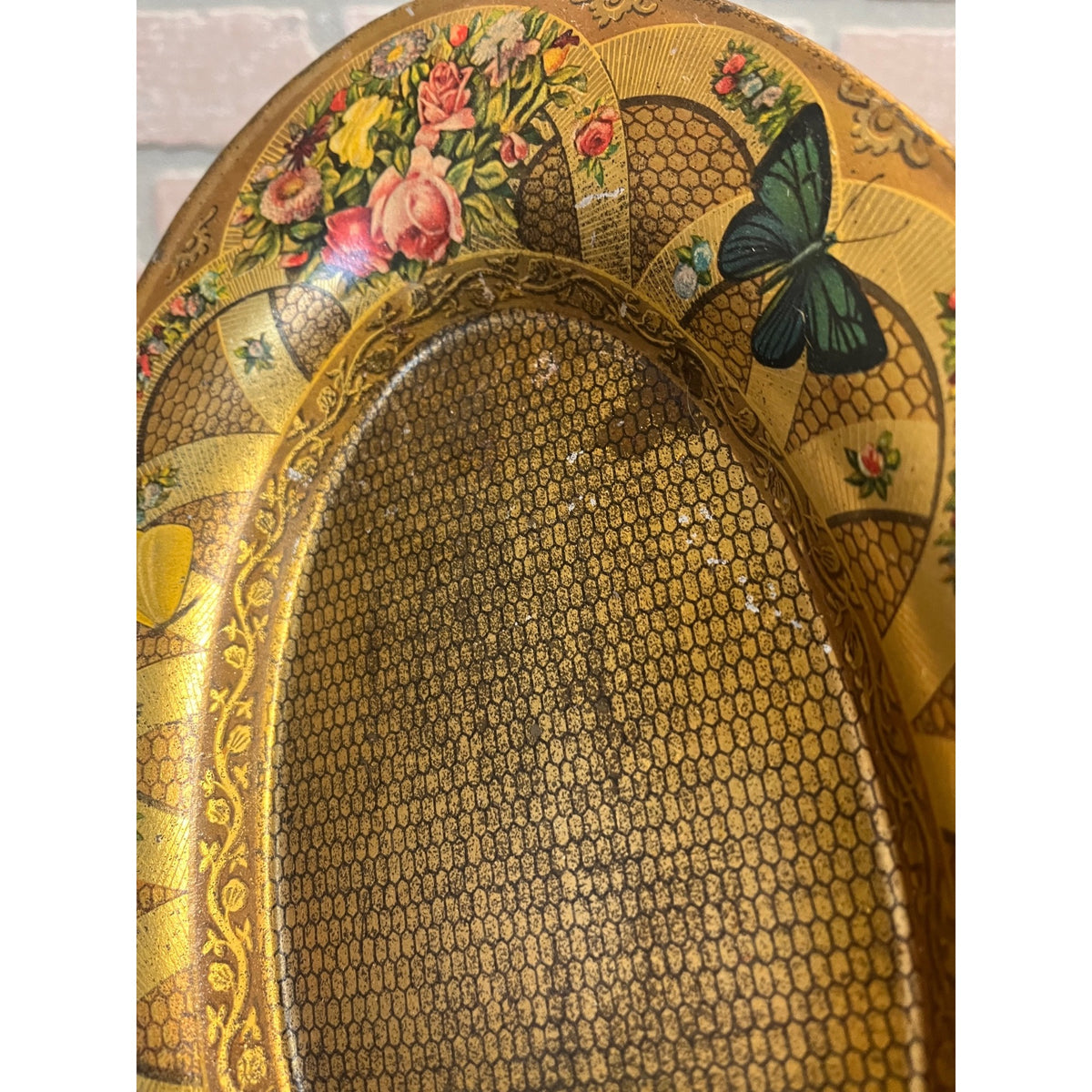 Antique Victorian Tin Litho Oval Metal Tray Butterflies Flowers Floral 1900s