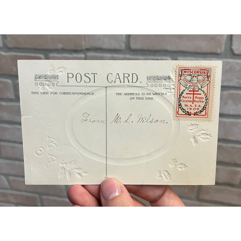 Vintage 1909 Christmas Postcard w/ Christmas Seal Tied US American Red Cross
