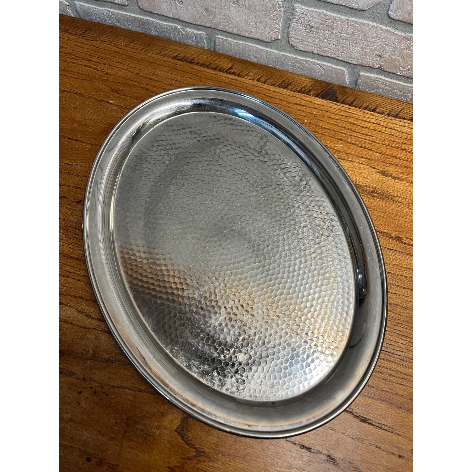 Vintage 1960s MCM Stainless Serving Oval Platter Hammered Tray Olde Hall 16x12