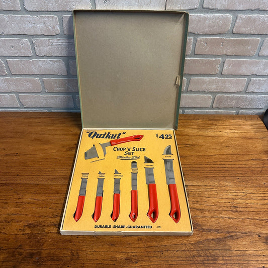 Neat NOS Mid Century Quikcut Knife Set Kitchen Stainless Steel Red