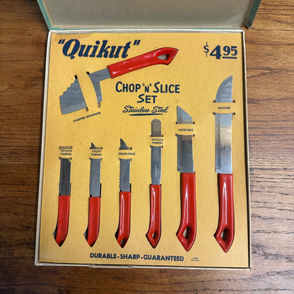 Neat NOS Mid Century Quikcut Knife Set Kitchen Stainless Steel Red