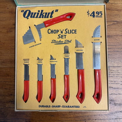 Neat NOS Mid Century Quikcut Knife Set Kitchen Stainless Steel Red