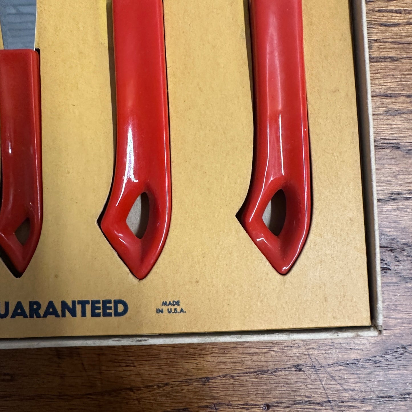 Neat NOS Mid Century Quikcut Knife Set Kitchen Stainless Steel Red