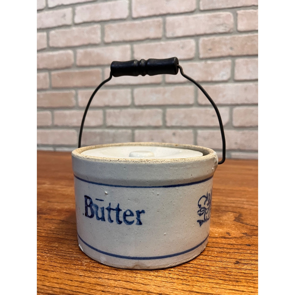 Antique Blue & White Small Stoneware Butter Crock w Lid & Bail Handle Primitive Farmhouse