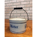 Antique Blue & White Small Stoneware Butter Crock w Lid & Bail Handle Primitive Farmhouse