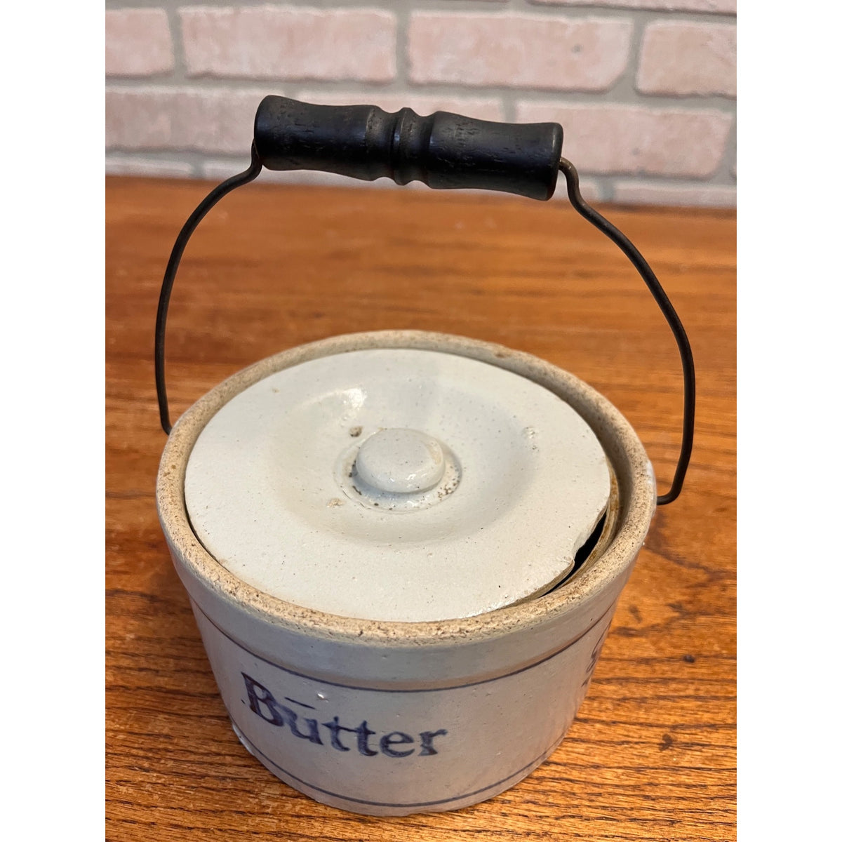 Antique Blue & White Small Stoneware Butter Crock w Lid & Bail Handle Primitive Farmhouse