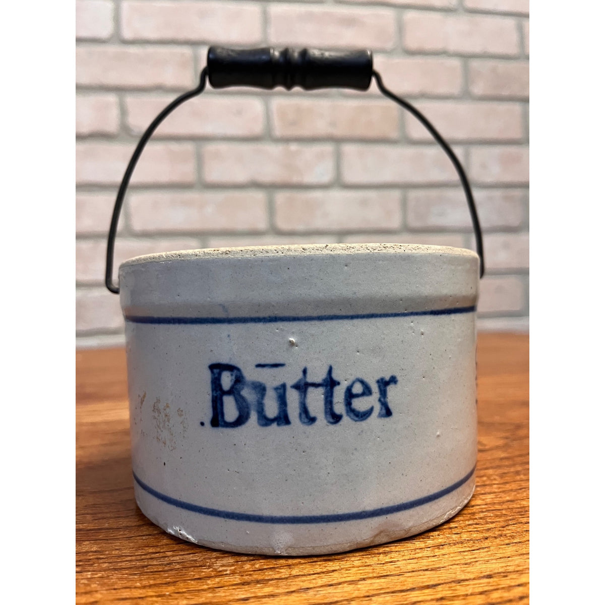 Antique Blue & White Small Stoneware Butter Crock w Lid & Bail Handle Primitive Farmhouse