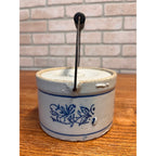 Antique Blue & White Small Stoneware Butter Crock w Lid & Bail Handle Primitive Farmhouse