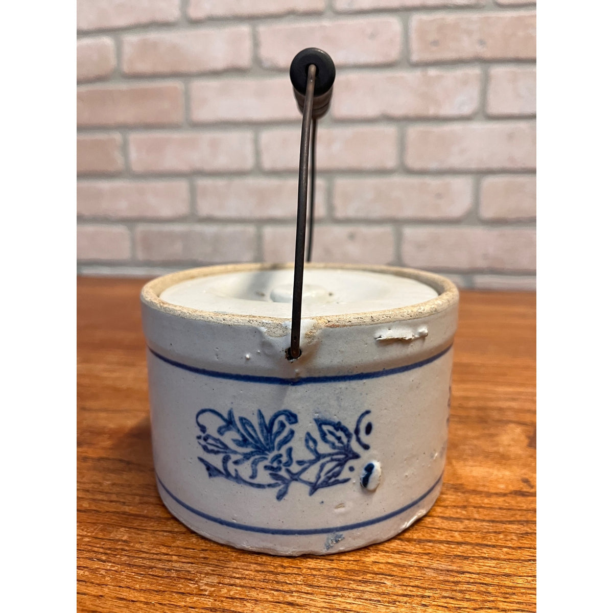 Antique Blue & White Small Stoneware Butter Crock w Lid & Bail Handle Primitive Farmhouse