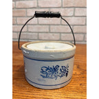 Antique Blue & White Small Stoneware Butter Crock w Lid & Bail Handle Primitive Farmhouse
