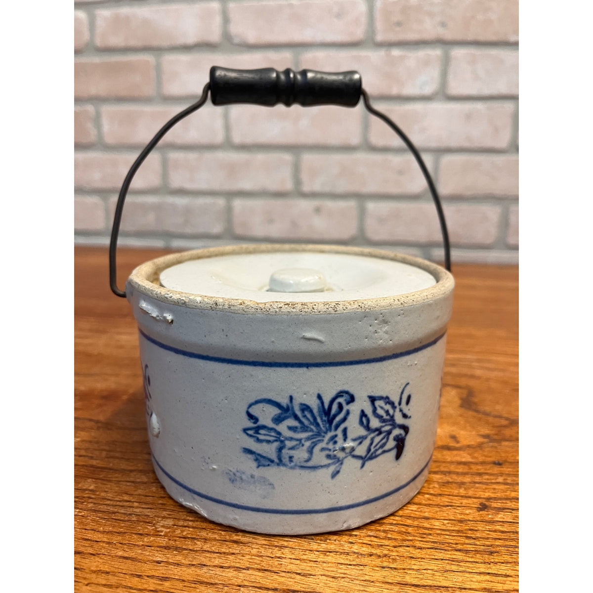 Antique Blue & White Small Stoneware Butter Crock w Lid & Bail Handle Primitive Farmhouse