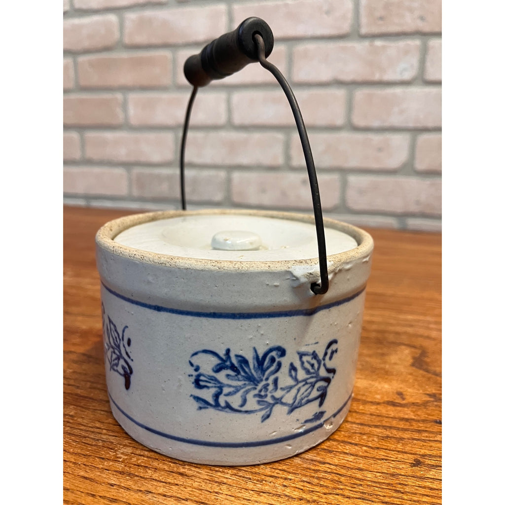 Antique Blue & White Small Stoneware Butter Crock w Lid & Bail Handle Primitive Farmhouse