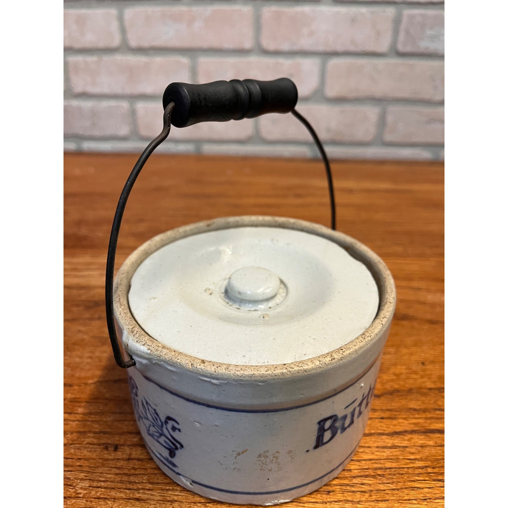 Antique Blue & White Small Stoneware Butter Crock w Lid & Bail Handle Primitive Farmhouse