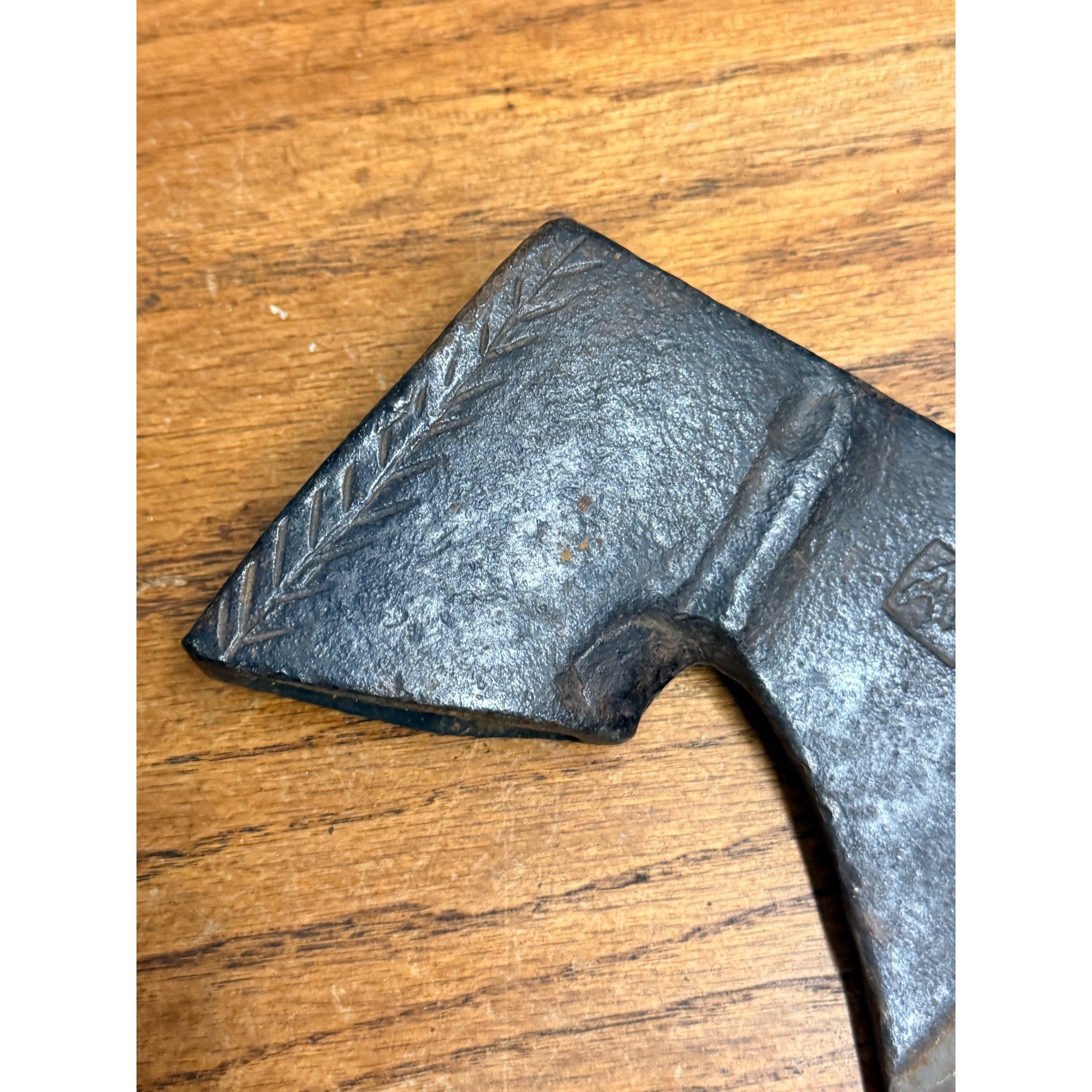 Antique 19th c. Blacksmith Forged Bearded Hewing Axe Single Bit Engraved Leaf