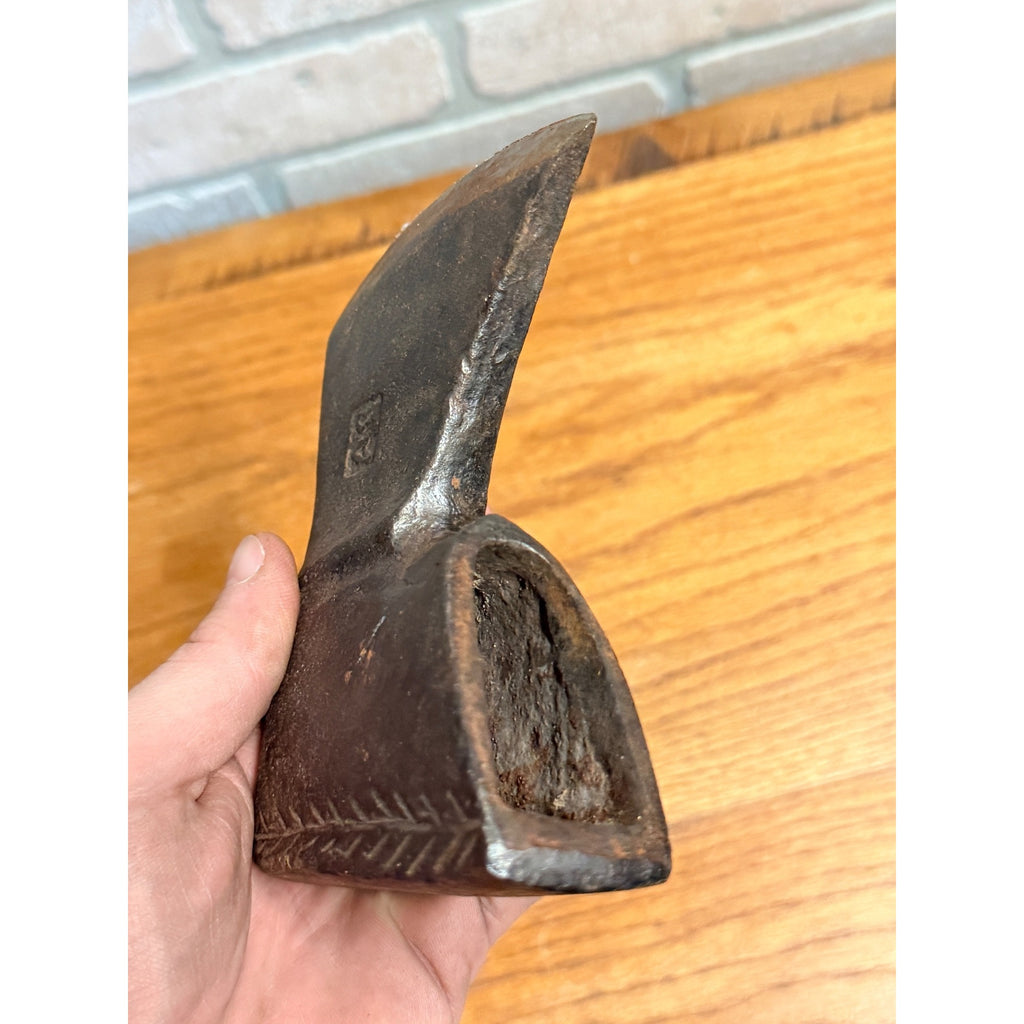 Antique 19th c. Blacksmith Forged Bearded Hewing Axe Single Bit Engraved Leaf